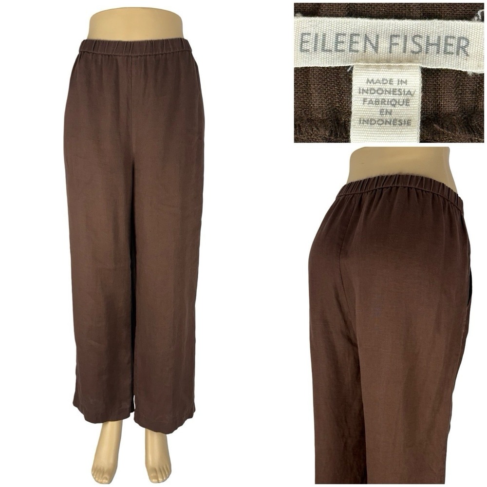 Eileen Fisher Womens Large Pants Organic Linen Wide Leg High Waist Brown Pockets - Picture 1 of 9
